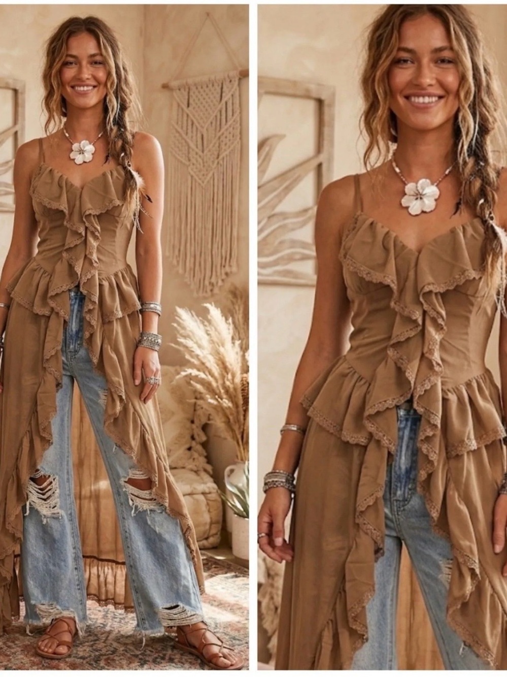 Pastels Ruffle-Trim Maxi Tank in Dusty Taupe size Large